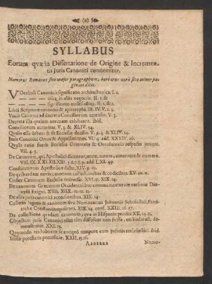 Syllabus Eorum quae in Dissertatione de Origine & Incrementis Iuris Canonici continentur.