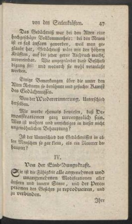IV. Von der Einbildungskraft