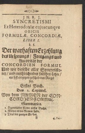 Das 1. Capitel. Von dem Namen der Concordien-Formul. Summarien.