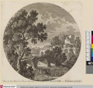 [Landschaft mit Brücke die zu einer Ruine führt]