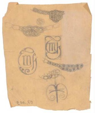 Skizzenblatt : Ketten mit Anhängern und collierartige Ketten; Monogramme zu M K;