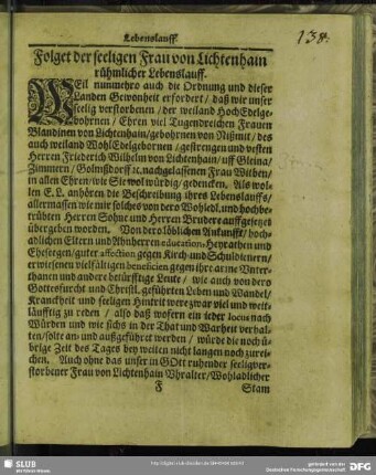 Folget der seeligen Frau von Lichtenhain rühmlicher Lebenslauff