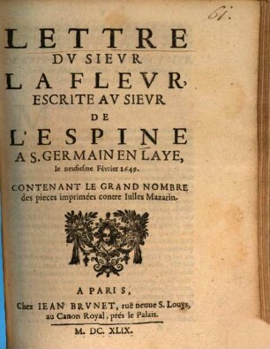 Lettre du Sieur La Fleur escrite au Sieur de l'Espine