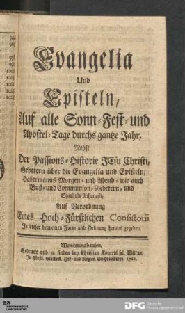 Evangelia Und Episteln : Auf alle Sonn-Fest-und Apostel-Tage durchs gantze Jahr