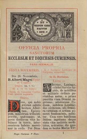 Officia propria Sanctorum ecclesiae of dioeceseos Curiensis a Sacra rituum Congregatione revisa et approbata ac jussu Reverendissimi Domini Caspari Willi O. S. B. Epicopi Curiensis typis edita, ex mondato Reverendissimi ac Celsissimi Domini Domini Joannis Fidelis Battaglia Episcopi ?? denuo recusa, 1