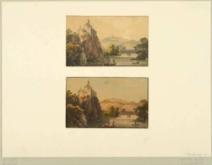 Die Burg Kriebstein in Sachsen über der Zschopau mit hölzerner Brücke von Westen, im Hintergrund das Rittergut Ehrenberg, im Vordergrund Fischer