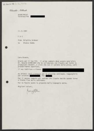 Brief an Bianca Zedda, 11.11.1991