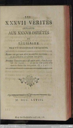 Les XXXVII Vérités Opposées Aux XXXVII Impiétés De Bélisaire