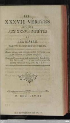 Les XXXVII Vérités Opposées Aux XXXVII Impiétés De Bélisaire