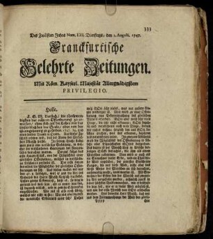 Num. LXI. Dienstags, den 1. Augusti. 1747 - Num. LXX. Freytags, den 1. Septembr. 1747