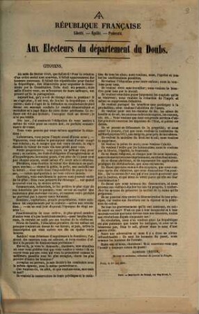 Aux electeurs du département du Doubs : République Français, liberté, égalité, fraternité