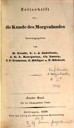 Zeitschrift für die Kunde des Morgenlandes. 2. 1839