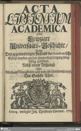 6.1723: Acta Lipsiensium academica : oder, Leipziger Universitäts-Geschichte ...; nebst e. Anhang von allerhand Neuigkeiten u. d. jetzt-lebenden Leipzig