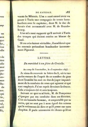 Lettre. Du maréchal à son frère Croisille. Au camp de Fenestrelles, le 13. septembre 1693.