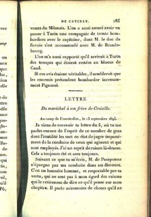 Lettre. Du maréchal à son frère Croisille. Au camp de Fenestrelles, le 13. septembre 1693.