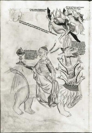 18. Judas verkauft Christum & 18 b. Joseph an Potiphar verkauft (Große Buhlerin Babylon) : 18. Judas verkauft Christum & 18 b. Joseph an Potiphar verkauft (Große Buhlerin Babylon). Illustration zu "Biblia pauperum und Apokalypsis", fol. 18v. Feder, koloriert, Pergament, 48,0 x 33,0 cm. Erfurt, um 1350. Klassik Stiftung Weimar, Herzogin Anna Amalia Bibliothek Fol.max.4