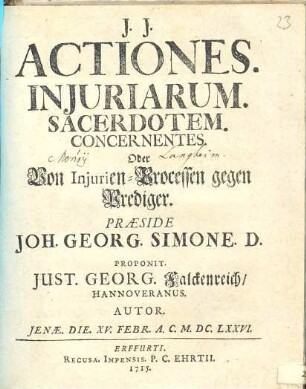 Actiones. Injuriarum. Sacerdotem. Concernentes. Oder Von Injurien-Processen gegen Prediger