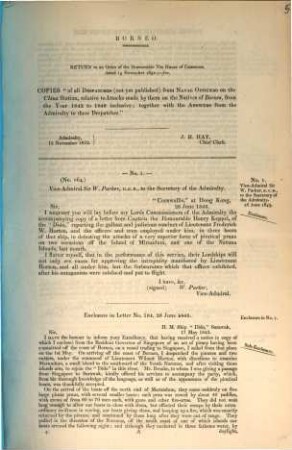 Borneo, return to an order of the honourable the House of Commons, dated 15 November 1852 : copies of all despatches from naval officers on the china station ...