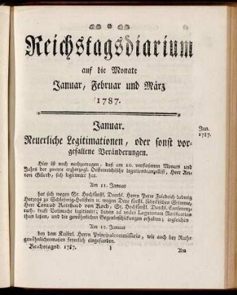 Reichstagsdiarium auf die Monate Januar, Februar und März 1787.