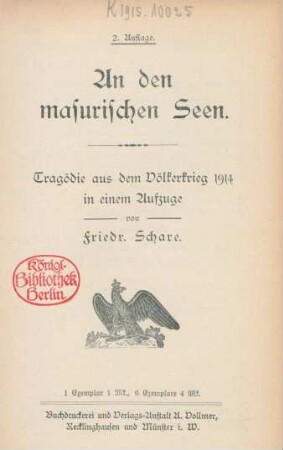 An den masurischen Seen : Tragödie aus dem Völkerkrieg 1914 in einem Aufzuge
