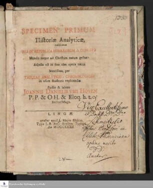 Specimen Primum Historiæ Analyticæ, exhibens Res In Republica Hebræorum A Condito Mundo usque ad Christum natum gestae