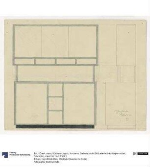 Küchenschrank, Vorder- u. Seitenansicht (Möbelentwürfe, Körpermöbel, Schränke)