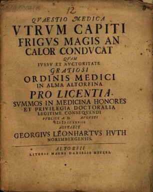 Quaestio medica, utrum capiti frigus magis an calor conducat