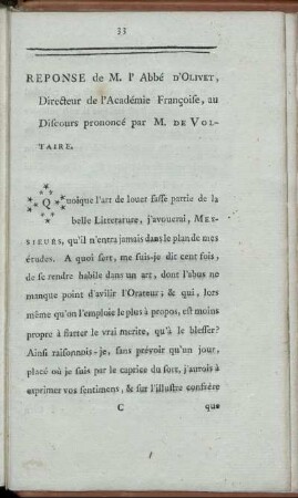 Reponse de M. l'Abbé D'Olivet, Directeur de l'Académie Françoise, au Discours prononcé par M. De Voltaire.