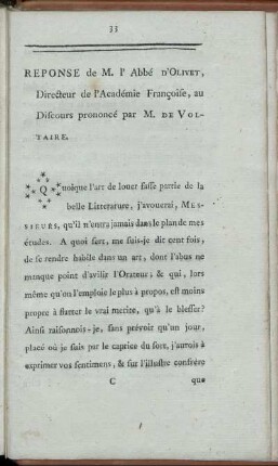 Reponse de M. l'Abbé D'Olivet, Directeur de l'Académie Françoise, au Discours prononcé par M. De Voltaire.