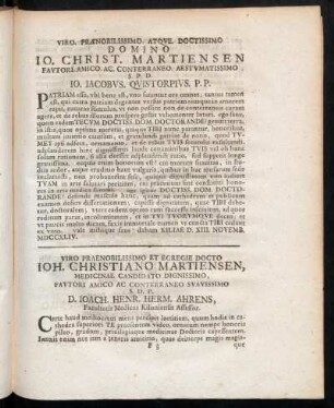Viro. Prænobilissimo. Atque. Doctissimo Domino Io. Christ. Martiensen[...]