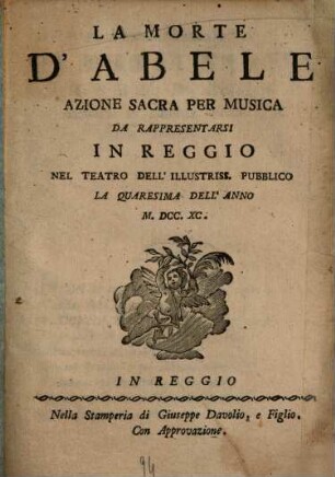 La morte d'Abele : Azione sacra per musica