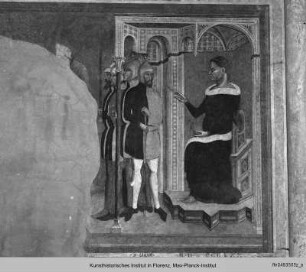 Wandbemalung mit verschiedenen christlichen Darstellungen : Heiliger Antonio Abbas mit Stifter, Martyrium des Heiligen Petrus