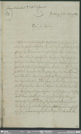 Eigenh. Brief von Charlotte Schlegel an August Wilhelm von Schlegel, Harburg, 17.03.1840