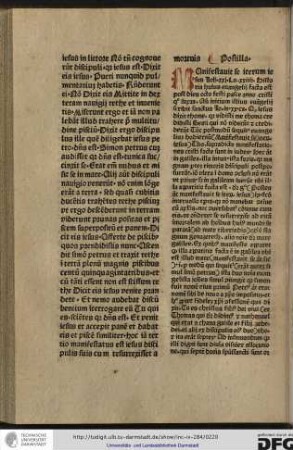 Postilla. Manifestavit se iterum Iesus Joh xxi, Lu xxiiii... Ante initium illius evangelii scribit sanctus Iohannes in xx capitulo quod Iesus dixit Thome Quia vidisti me...