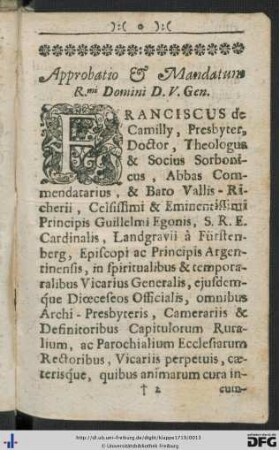 Approbatio Et Mandatum Reverendissimi Domini D. V. Gen.