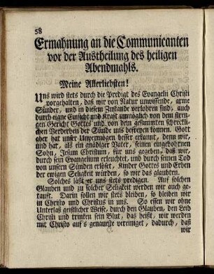 Ermahnung an die Communicanten vor der Austheilung des heiligen Abendmahls.