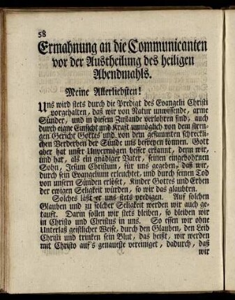 Ermahnung an die Communicanten vor der Austheilung des heiligen Abendmahls.