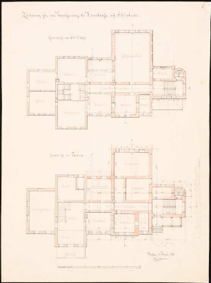 Herrenhaus Schönborn Umbau: Grundriss des Erdgeschosses, Grundriss des 1. Obergeschosses, mit Kennzeichnung der Um- und Ausbauten, Maßstabsleiste