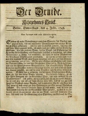 Achtzehntes Stück. Berlin, Donnerstags, den 4. Julii, 1748