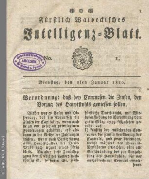 No. 1, Dienstag, den 2ten Januar 1810