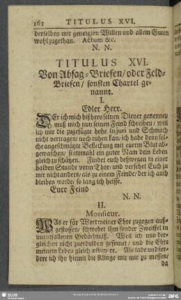 Titulus XVI. Von Absag-Briefen, oder Feld-Briefen, sonsten Chartel genannt