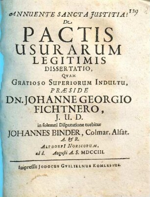 De Pactis Usurarum Legitimis Dissertatio