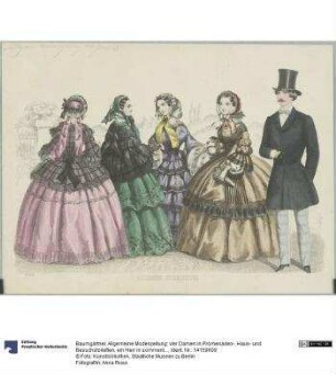 Allgemeine Modenzeitung: vier Damen in Promenaden-, Haus- und Besuchstoiletten, ein Herr in sommerlicher Tageskleidung
