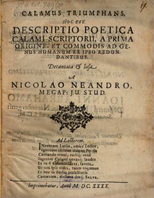 Calamus triumphans : H. e. Descriptio poetica calami scriptorii