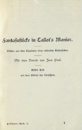 Fantasiestücke in Callot's Manier. Blätter aus dem Tagebuche eines reisenden Enthusiasten