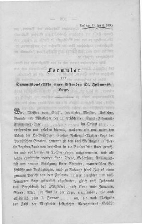 [Anlage D. Formular zur Submissions-Akte einer St. Johannis-Loge (zu §. 339)]