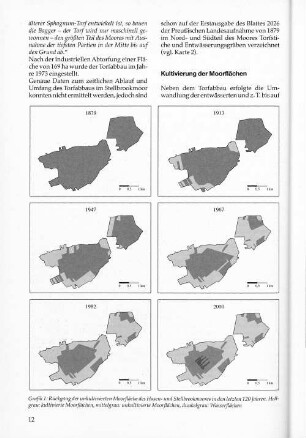 Grafik 1: Rückgang der unkultivierten Moorflächen des Hasen- und Stellbrookmoores in den letzten 120 Jahren. Hellgrau: kultivierte Moorflächen, mittelgrau: unkultivierte Moorflächen, dunkelgrau: Wasserflächen