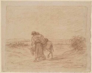 Der barmherzige Samariter: zwei Figuren mit Esel in einer weiten Landschaft