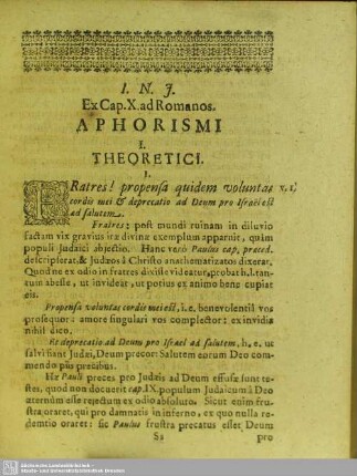 Ex Cap. X. ad Romanos Aphorismi