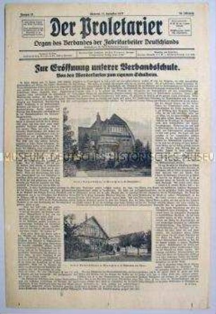 Gewerkschafts-Zeitung "Der Proletarier" u.a. zur Eröffnung einer ´Verbandsschule` in Wennigsen